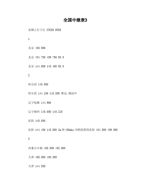 全国业余无线电中继频率表