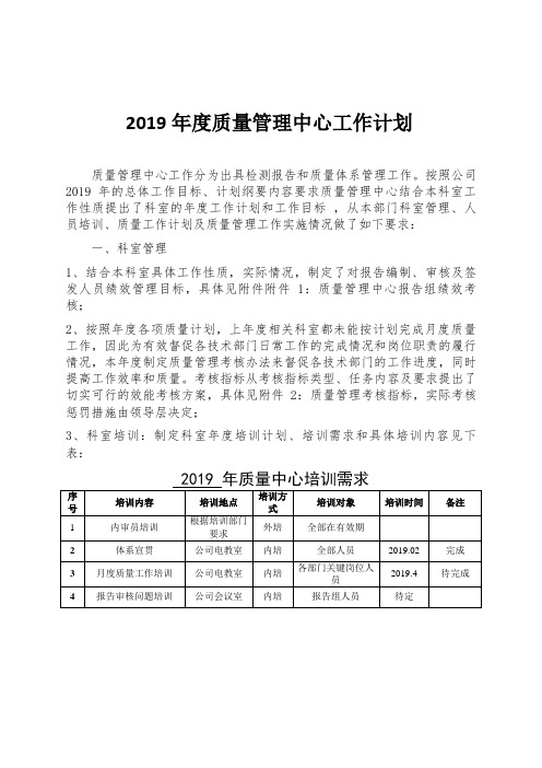 2019年度质量管理中心工作计划