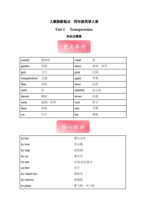 四年级上册英语讲义(梳理 讲解 典例 拓展)-Unit 3 Transportation 人教新起点