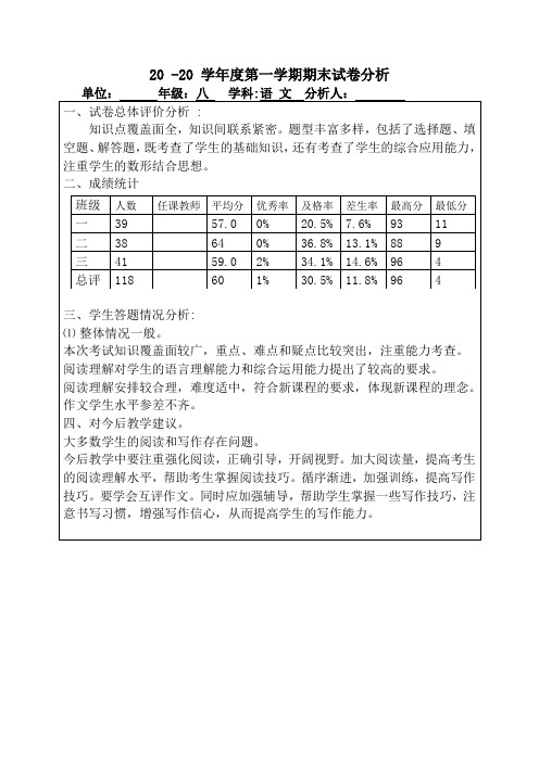 八年级上册语文期末试卷分析