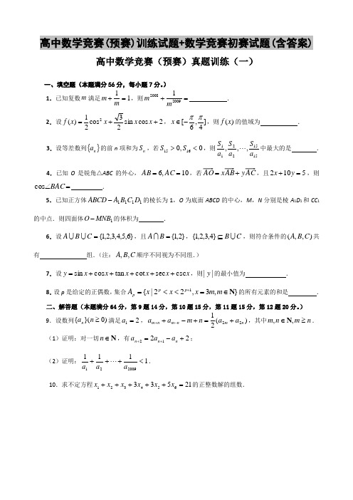 高中数学竞赛(预赛)训练试题+数学竞赛初赛试题(含答案)