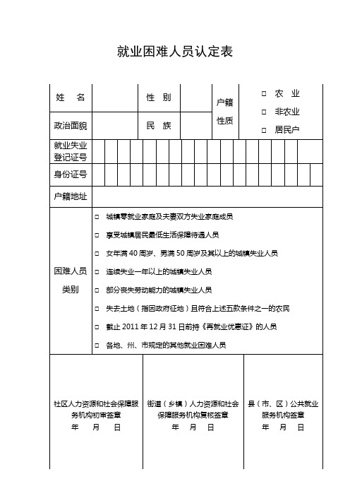 就业困难人员认定表