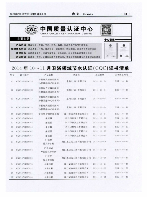 2014年10-11月卫浴领域节水认证(CQC)证书清单