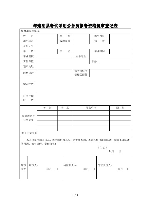 2019年建湖县考试录用公务员报考资格复审登记表