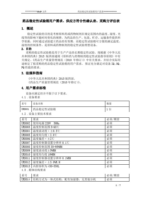 药品稳定性试验箱用户需求-符合性确认表-采购方评估表