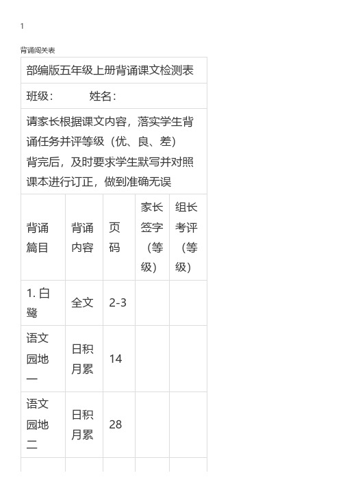 部编版五(上)课文必背+选背闯关表