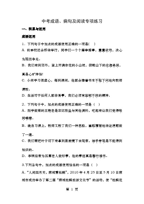 中考成语病句及阅读专项练习附答案