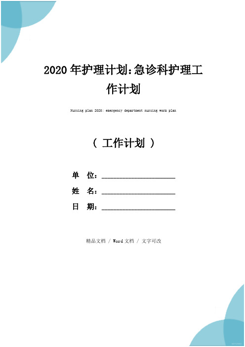 2020年护理计划：急诊科护理工作计划