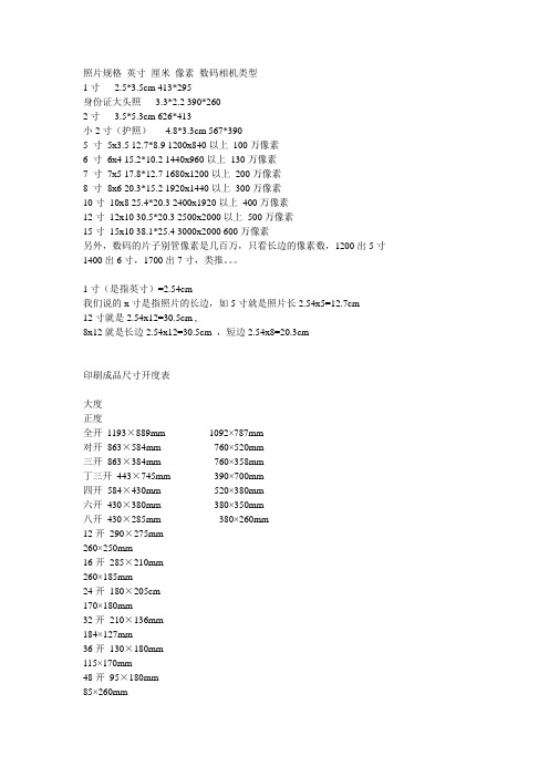 印刷成品尺寸开度表