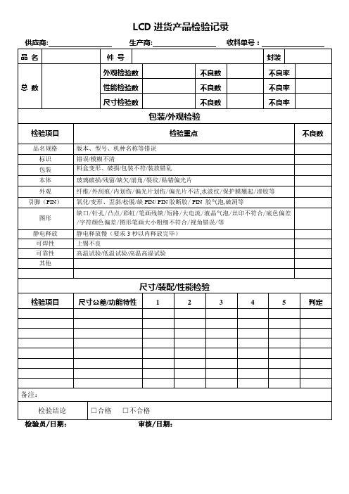 A1 LCD  进货检验记录模板