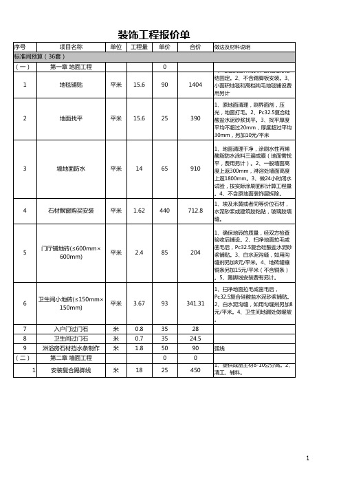 装饰工程报价单填写实例表