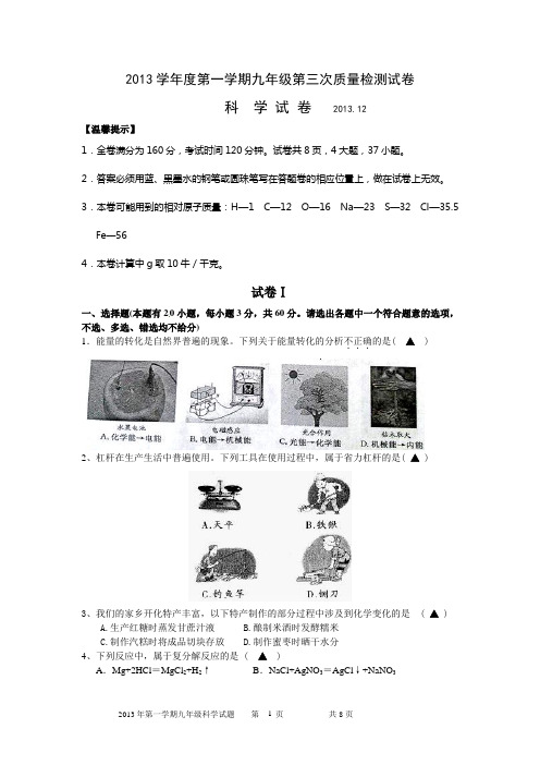 2013学年度第一学期九年级第三次质量检测科学