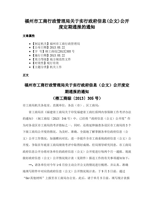 福州市工商行政管理局关于实行政府信息(公文)公开度定期通报的通知