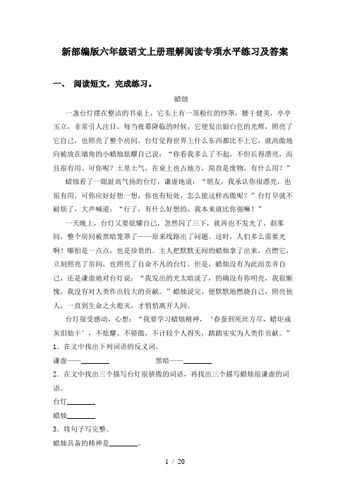 新部编版六年级语文上册理解阅读专项水平练习及答案