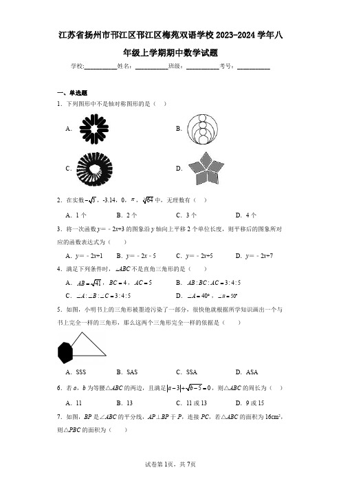 江苏省扬州市邗江区邗江区梅苑双语学校2023-2024学年八年级上学期期中数学试题