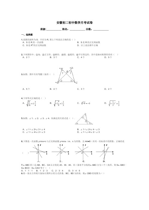 安徽初二初中数学月考试卷带答案解析
