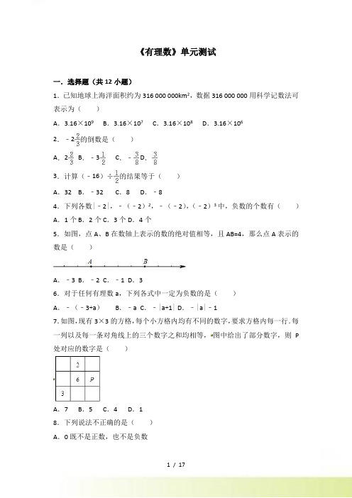 沪科版七年级上数学《第1章有理数》单元测试（含答案）