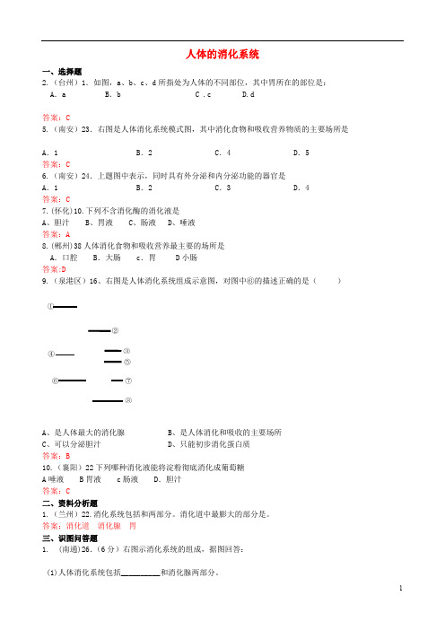 中考生物试题汇编人体的消化系统01