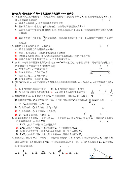 鲁科版高中物理选修3-1第一章静电场-电场强度和电场线(一)测试卷