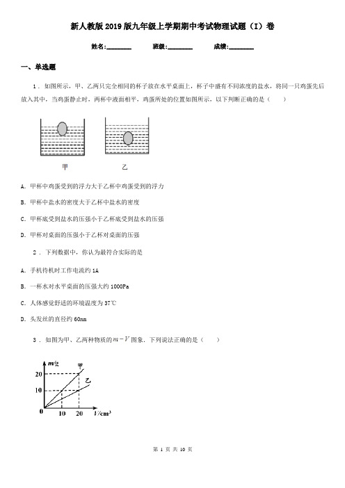 新人教版2019版九年级上学期期中考试物理试题(I)卷