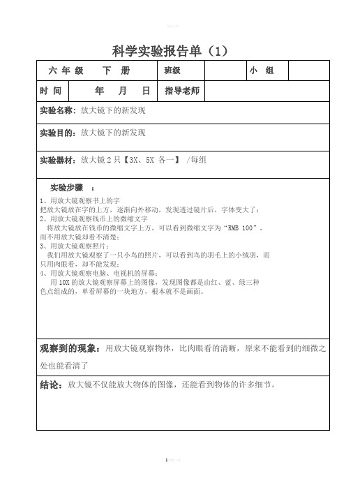 六年级下册科学实验报告单