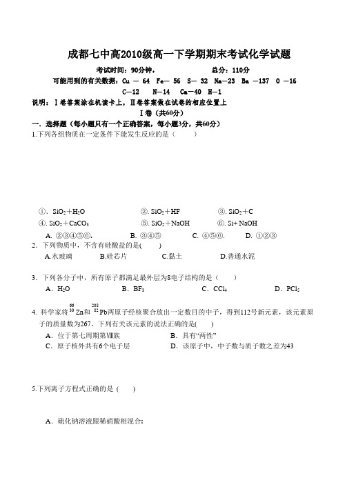 四川省成都七中高一化学下学期期末考试试卷