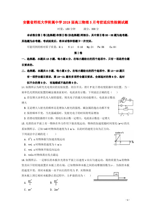 安徽省师范大学附属中学2019届高三物理5月考前适应性检测试题(含答案)