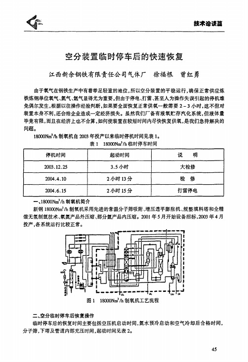 空分装置临时停车后的快速恢复