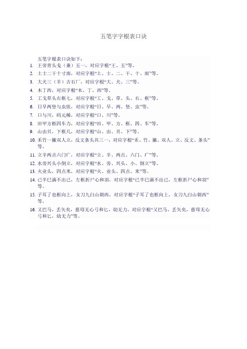 五笔字字根表口诀