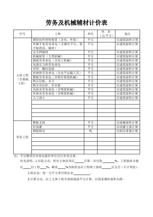 劳务及机械辅材计价表