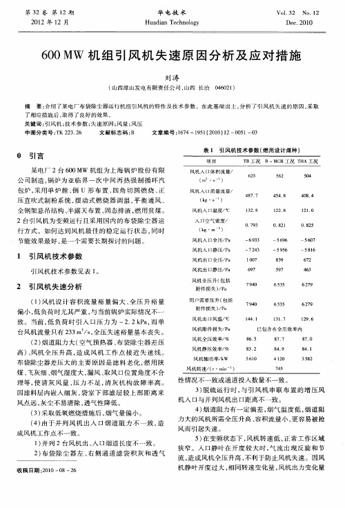 600MW机组引风机失速原因分析及应对措施