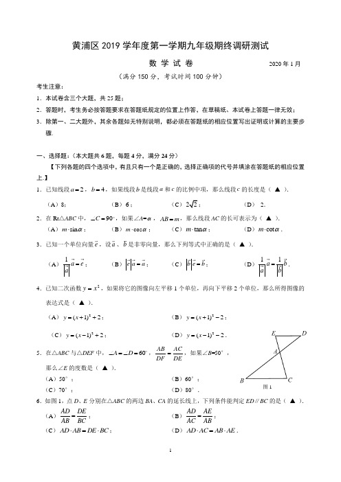 黄浦区2019学年初三一模数学试卷含答案