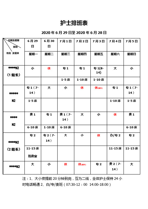 科室护士排班表模板