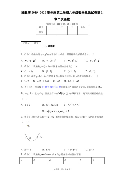 湘教版2019--2020学年度第二学期九年级数学单元试卷第1章二次函数