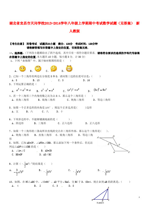 湖北省宜昌市天问学校八年级数学上学期期中试题(无答