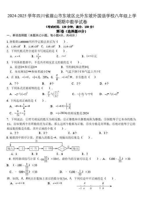 2024-2025学年四川省眉山市东坡区北外东坡外国语学校八年级上学期期中数学试卷