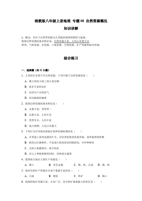 湘教版地理八年级上册期末高分突破 专题08 自然资源概况(原卷版)