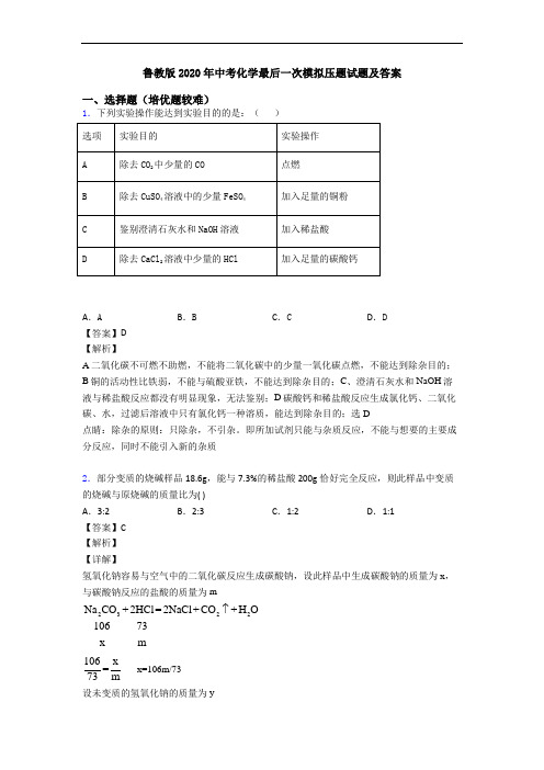 鲁教版2020年中考化学最后一次模拟压题试题及答案