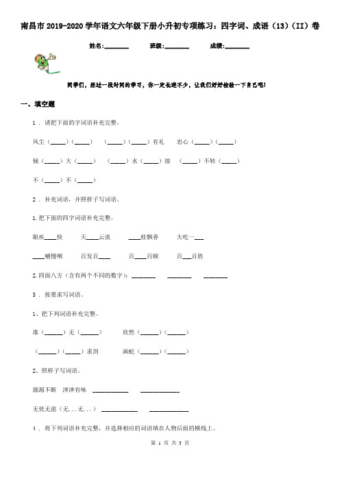 南昌市2019-2020学年语文六年级下册小升初专项练习：四字词、成语(13)(II)卷