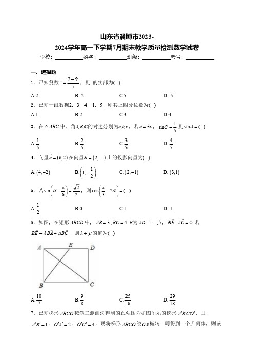 山东省淄博市2023-2024学年高一下学期7月期末教学质量检测数学试卷(含解析)