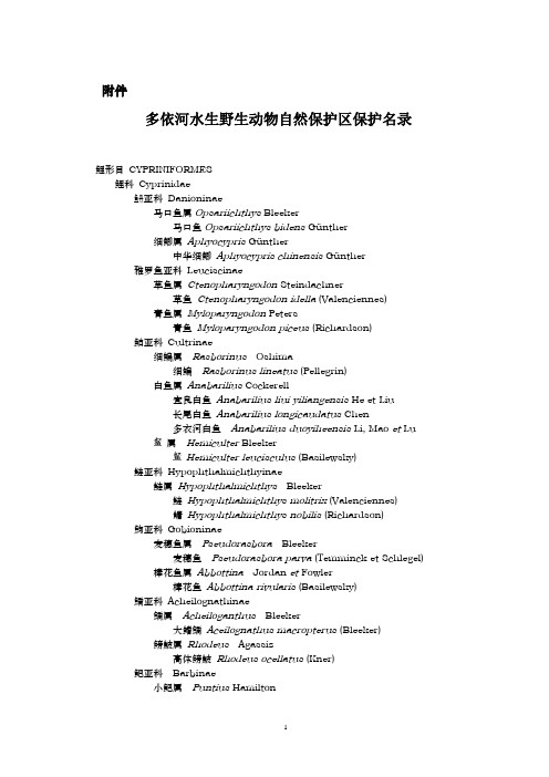 多依河保护区内所有鱼类名录