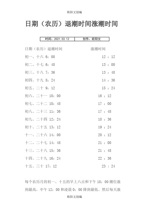 日期(农历)退潮时间涨潮时间之欧阳文创编