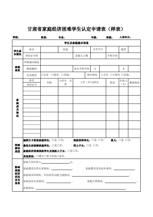 甘肃省家庭经济困难学生认定申请表(样表)