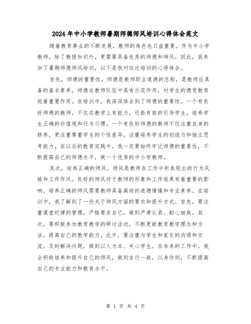 2024年中小学教师暑期师德师风培训心得体会范文(2篇)