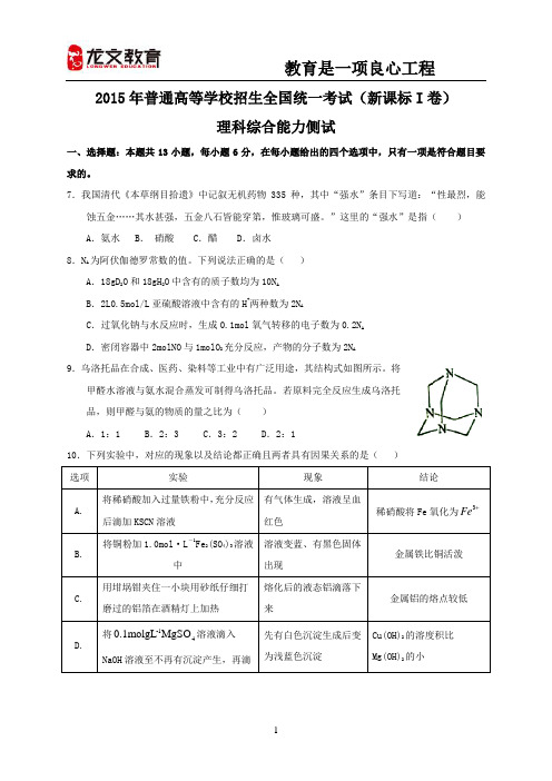 2015年全国高考理综试题及答案-新课标1化学