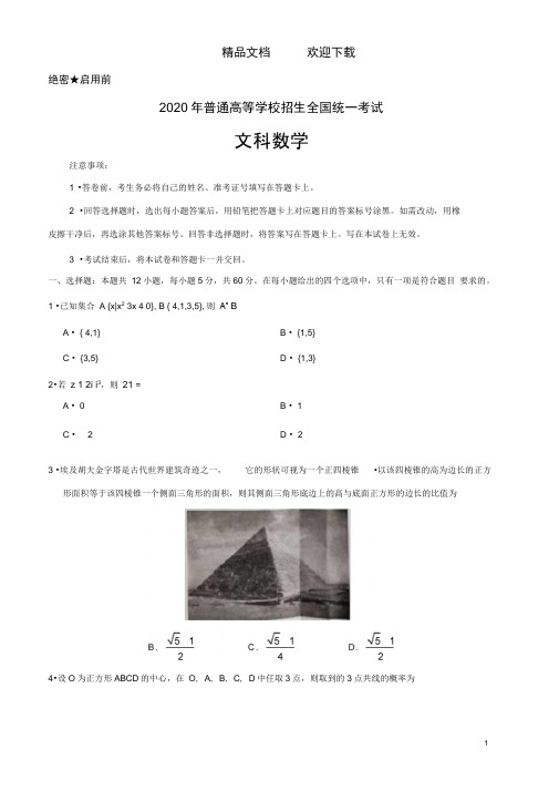 2020年普通高等学校招生全国统一考试文科数学带答案