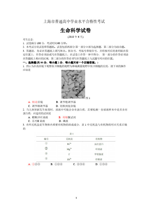 2018年6月上海市普通高中学业水平合格性考试 生命科学试卷 含答案