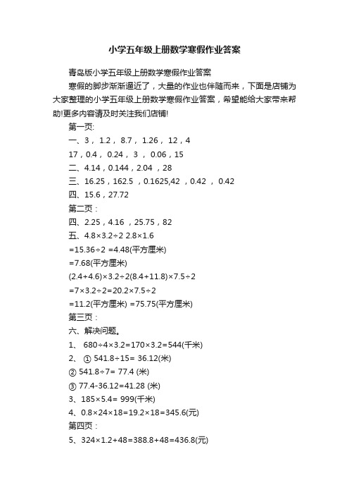 小学五年级上册数学寒假作业答案