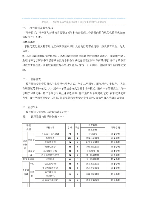 东北师大 中文系 教育硕士培养方案