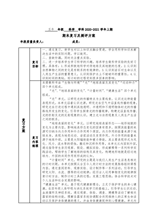 上科学五年级复习及测评方案